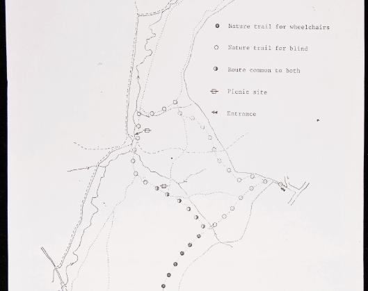 Black and white photocopied map showing the location of new paths around Stoneycliffe Nature Reserve. The location of the new paths is marked by small circles.